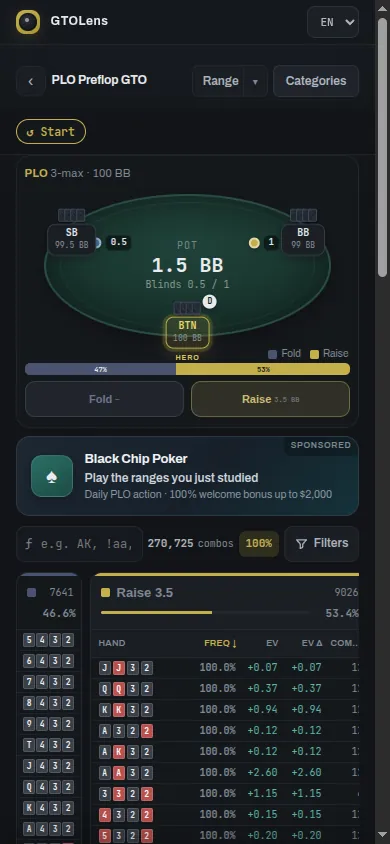 The same PLO strategy screen on a phone