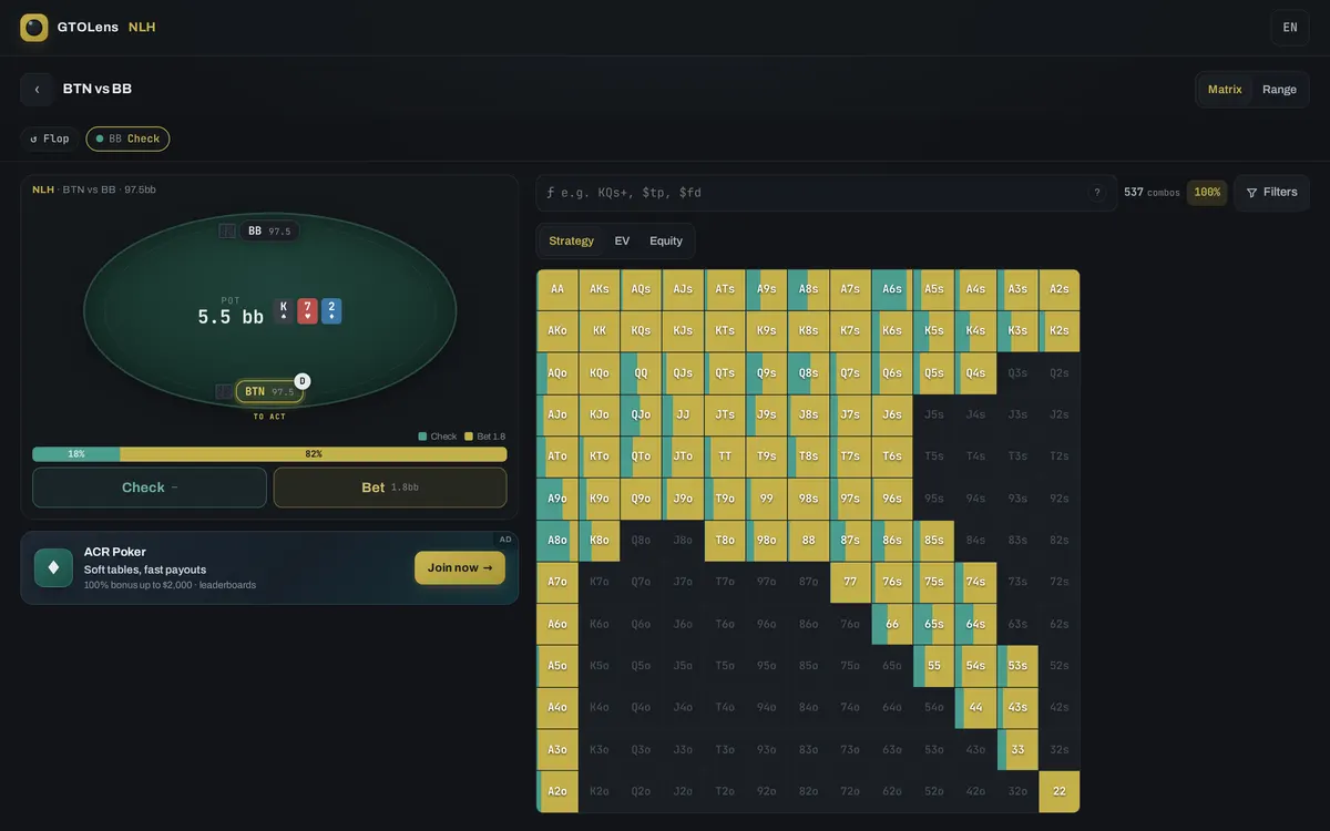 GTOLens Hold'em solver on a desktop: heads-up table with the board, Check and Bet frequencies and the 13×13 strategy matrix