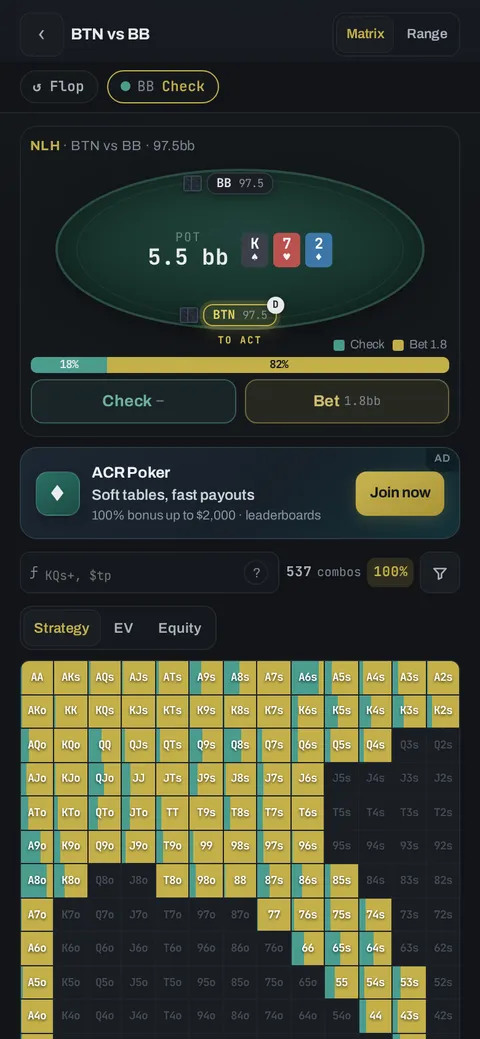 GTOLens Hold'em solver on a phone: BTN vs BB on a K♠7♥2♦ flop with Check and Bet frequencies and the strategy matrix