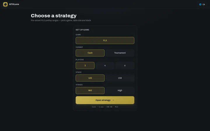 GTOLens library: pickers for game, format, players, stack and stakes with an Open strategy button